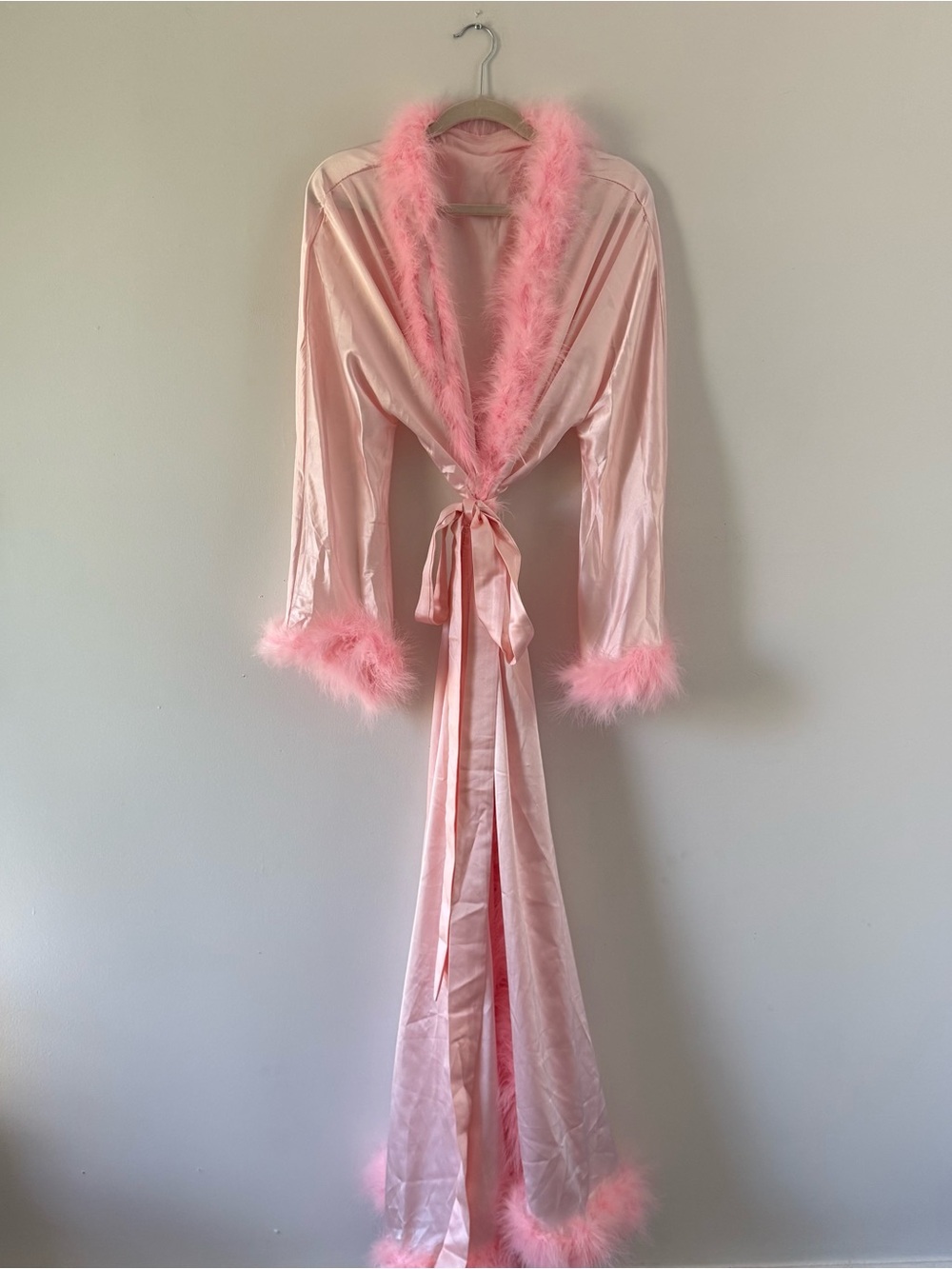 Y2K Pink Satin Feather Trim Robe Glam Barbie Boudoir Lingerie Cover Up